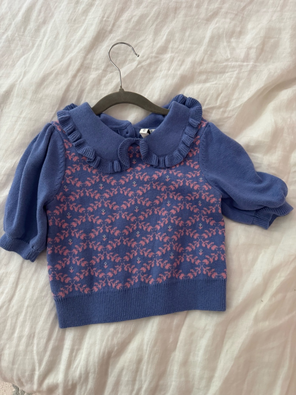 Janie and Jack Blue Knit Sweater with Pink Floral Pattern